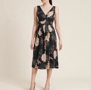 Spiegel 100% Silk Floral Midi Dress Black Rose Matching Wrap Sz 8 Vintage #0114